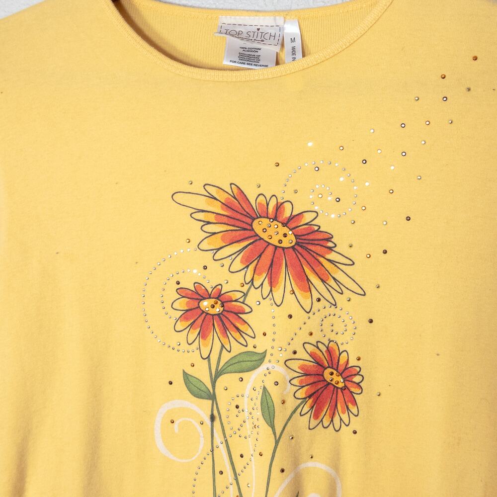 Top Stitch Long Sleeve Shirt Size M Yellow Floral Rhinestone Beachy Tee - Picture 3 of 7